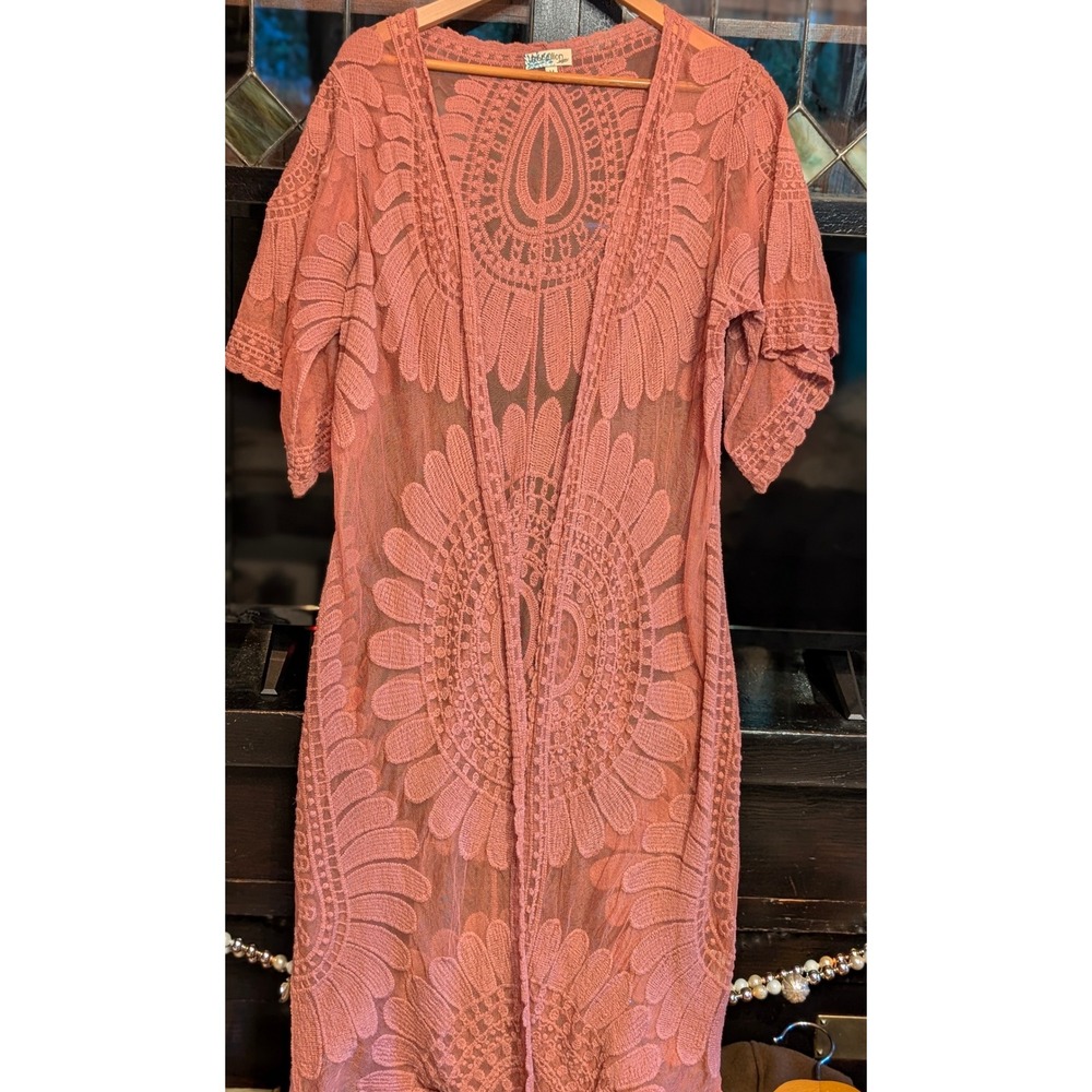 Rebellion Again Mauve Lace Duster Cardigan Boho Sheer Mesh Floral size Medium